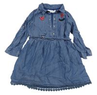 Modré košilové šaty riflového vzhledu s výšivkami a páskem Orchestra