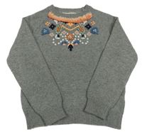 Šedý melírovaný vlněný svetr s výšivkami