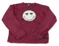 Vínový trblietavý chlpatý sveter so smajlíkom