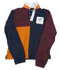 Tmavomodro-vínovo-cihlové polo mikinotriko s nášivkou Baker