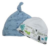 2x bavlnená čapica s dinosaury - světlemodrá + biela