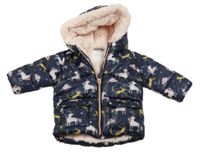 Tmavomodrá šusťáková zimní bunda s jednorožci a kapucí Next