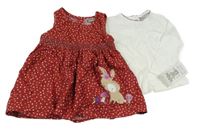 Nové - 2 set - bílé triko + vínové vzorované šaty s králíkem 
