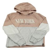 Šedo-starorůžová crop mikina s nápisem a kapucí 