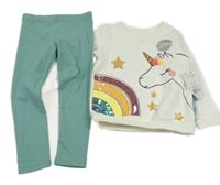 Nové - 2x bílá mikina s jednorožcem + zelené legíny F&F