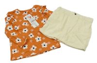 Nové - 2 set - oranžové květované triko s květinami + smetanová manšestrová sukně F&F