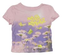 Růžovo-lila crop tričko s motýly a kvetmi H&M