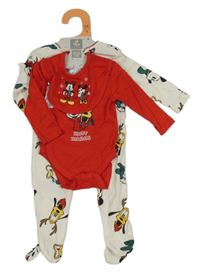 Nové - 3set - Červené body s Mickeym a Plutem + bryndák + bílý overal s Mickeym a kamarády Primark