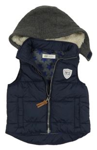 Tmavomodro-sivá šušťáková zateplená vesta s teplákovou kapucňou H&M