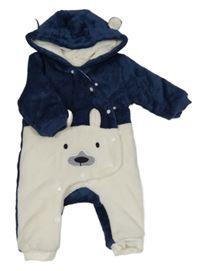 Tmavomodro-bílá plyšová zateplená kombinéza s čumákem a kapucí 