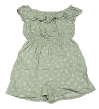 Světlezelený květovaný kraťasový overal s volánkem New Look