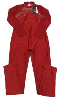 Nové - Vínový kalhotový cvičební overal s kamínky a síťovanými rukávy 