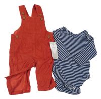 Nové - 2set - Tmavomodro-bílé pruhované body + rezavé podšité manšestrové laclové kalhoty M&S