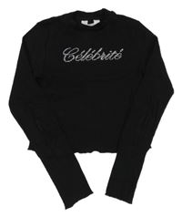 Čierne rebrované crop tričko s nápisem z kamínků H&M