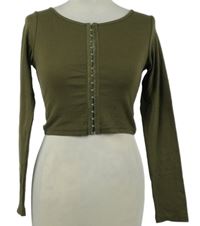Nové - Dámské khaki žebrované crop propínací triko Naanaa 