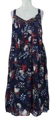 Dámské tmavomodré květované šifonové šaty s korálky M&S