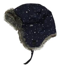 Tmavomodrá šusťáková beranice s hvězdami a kožíškem H&M