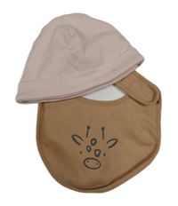 2set- svetloružová čepice+ hnedý podbradník so žirafou