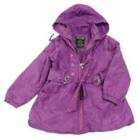 Fialová šušťáková jarná parka s opaskom a kapucňou