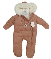 Nové- Růžová manšestrová zimní kombinéza s medvědem a kapucí F&F