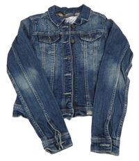 Tmavomodrá riflová crop bunda ošoupaného vzhledu s cvokmi 