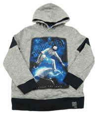 Sivo-čierna melírovaná mikina s potlačou a kapucňou C&A