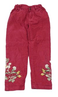 Tmavoružové zamatové menšestrové nohavice s kvetmi Limonda