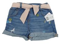 Nové - Modré riflové kraťasy s páskem a výšivkou F&F