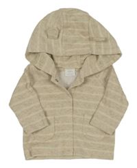 Béžovo-bílý pruhovaný propínací svetr s nápisem a kapucí Next