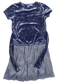 Modrošedo-stříbrno/šedé sametovo/plisované šaty so zavazováním Next