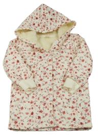 Smotanový zateplený kabát s kvietkami a kapucňou