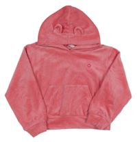 Ružová plyšová crop mikina s květem a vreckom a kapucňou s uškami my wear