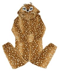 Hnedá plyšová kombinéza s kapucňou s čumáčkem