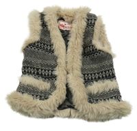 Čierno-sivá vzorovaná vlnená podšitá vesta s kožešinou VINGINO