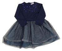 Modromodro-modro/stříbrné teplákovo/tylové šaty s květy a kamínky Topolino