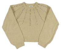 Svetlobéžový melírovaný crop sveter s kamienkami ZARA