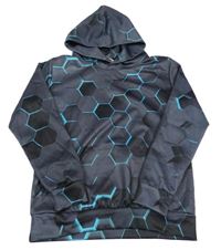 Tmavošedo-čierno-azurová vzorovaná športová mikina s vreckom a kapucňou