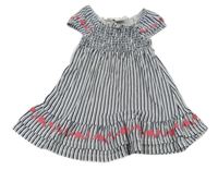 Bielo-tmavomodré pruhované šaty s mušličkami a srdiečkami a volánikom Topomini