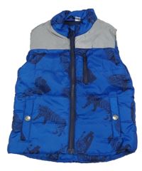 Safírovo-šedo/metalická prešívaná šušťáková zateplená vesta s tigrami lupilu