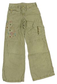 Béžové plátenné nohavice s kvietkami s flitrami M&S