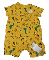 Hořčicový bavlněný kraťasový overal s obrázky Mothercare