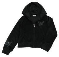 Čierna plyšová prepínaci crop mikina s motýlem z kamínků a kapucňou Primark