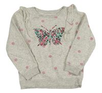 Svetlosivá melírovaná bodkovaná á mikina s motýlem z květů a volánikmi Pocopiano