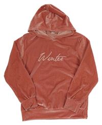 Staroružová zamatová mikina s nápisom a kapucňou