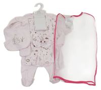 Nové - 8set - Světlerůžový overal se zvířaty + triko + slinták + body + tepláky + 2x ponožky + čepice