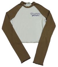 Bielo-hnedé rebrované crop tričko s nápisom zn. H&M