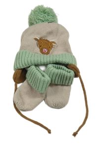 Nové - 2 set - hnědo-zelená pletená čepice s buvolem a bambulí + rukavice 