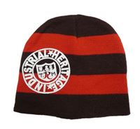 Červeno-hnedá pruhovaná pletená čapica s potlačou