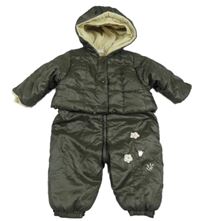 Khaki šusťáková zimní kombinéza s květinami a kapucí 