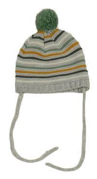 Šedo-zeleno-okrová pruhovaná pletená čepice s bambulí Ergee